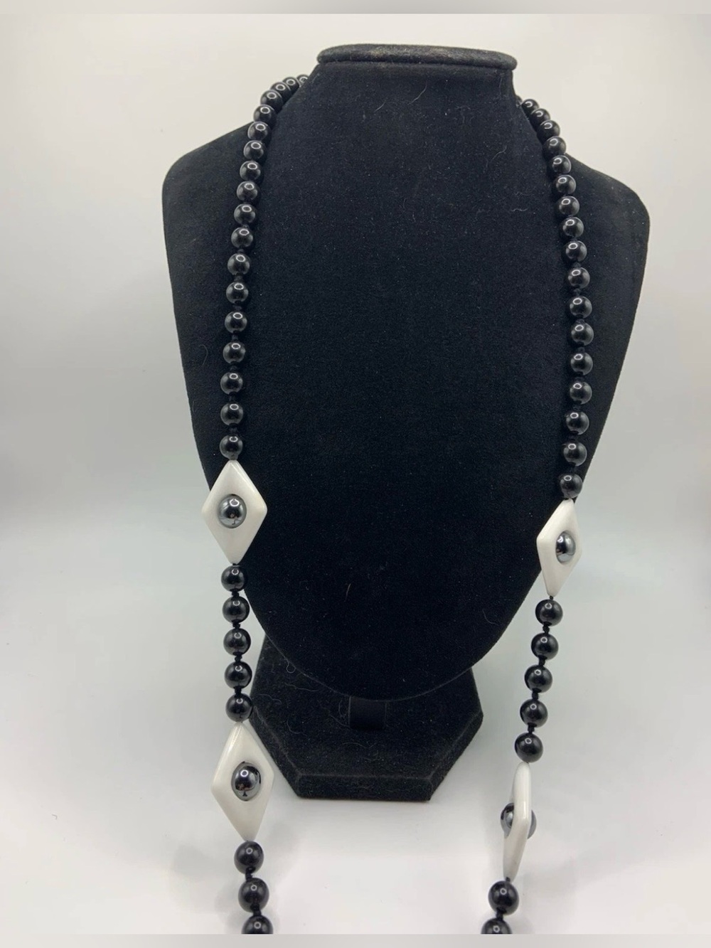 VTG Hematite And Milk Glass Beaded Hand-Knotted Necklace 30”